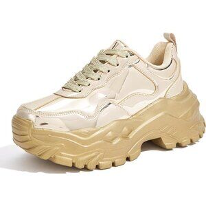 Women Gold Hologram Casual Tennis Lace Up Chunky Sneakers Shoes
